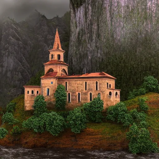 Image similar to old european monastery on the side of a cliff rainy atmosphere 8k photorealistic