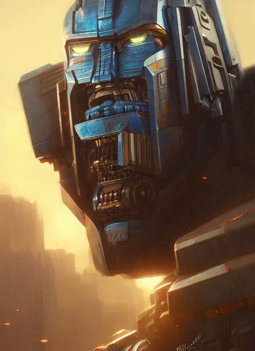 Image similar to Highly detailed portrait of Optimus Prime, Stephen Bliss, unreal engine, fantasy art by Greg Rutkowski, Loish, Rhads, Makoto Shinkai and Lois van baarle, ilya kuvshinov, rossdraws, Tom Bagshaw, global illumination, radiant light, detailed and intricate environment