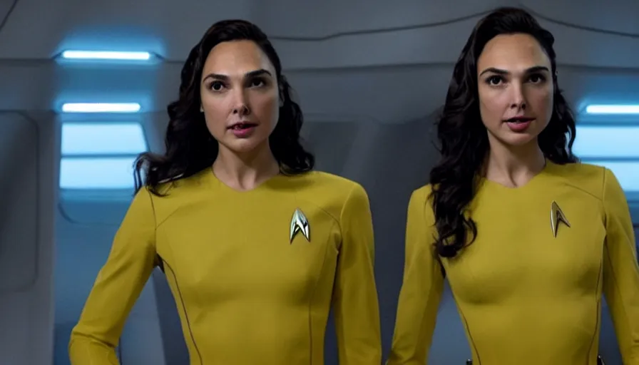 Prompt: Gal Gadot, wearing yellow, is the captain of the starship Enterprise in the new Star Trek movie