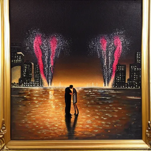 Image similar to an oil painting of couple kissing, in a background fireworks in new york