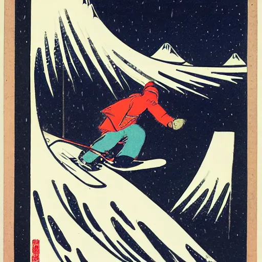 Prompt: man snowboarding snowing woodblock print, style of hokusai winter, fine art, style of kanagawa, painting
