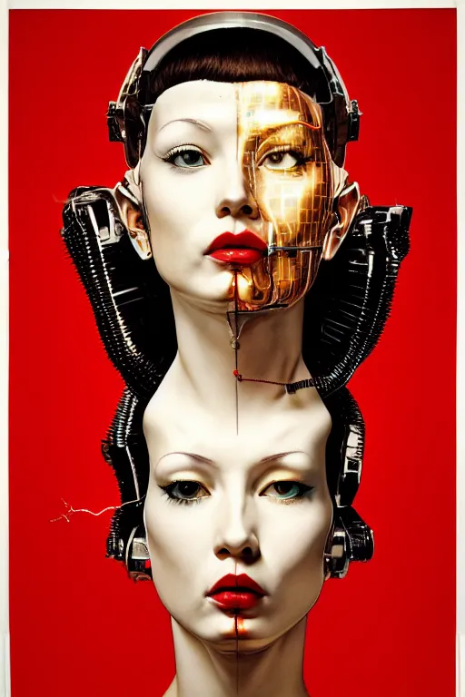 Prompt: cyborg head wrapped in plastic bags by Hajime Sorayama and Artemisia Gentileschi, centered, symmetrical, led, red, bilateral symmetry, third person, 70s poster, polished, lightning, retro dark vintage sci-fi, 2D matte illustration