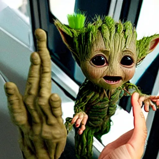 Image similar to Baby Groot high-fives with Baby Yoda