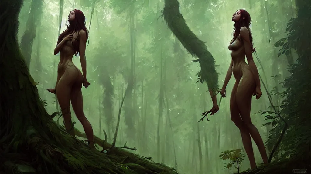 Image similar to a queen of the forest, with beautiful woman body, lost in the forest, detailed digital art by greg rutkowski.
