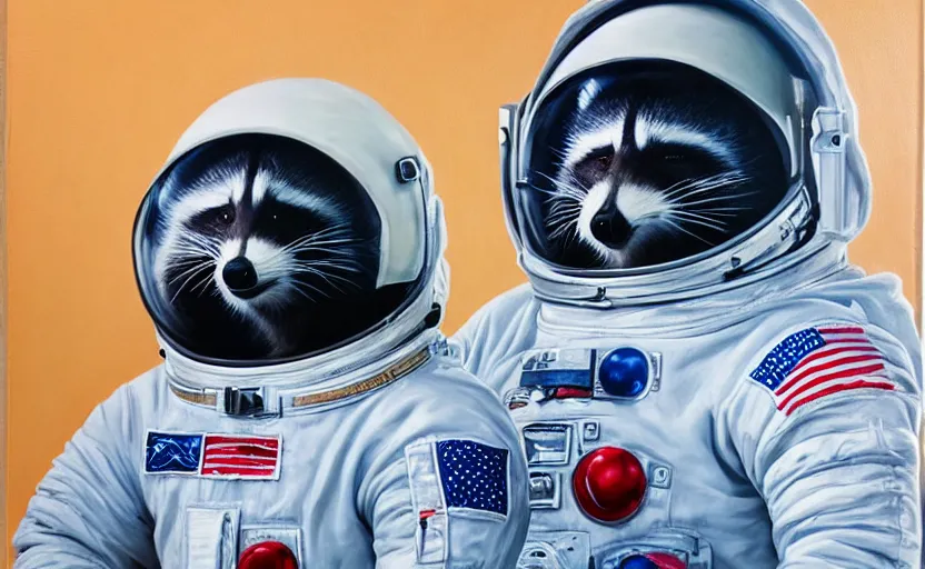 Image similar to oil painting of a racoon in a astronaut suit with helmet, 35mm, photo, Epic, cinematic, highly detailed and intricate