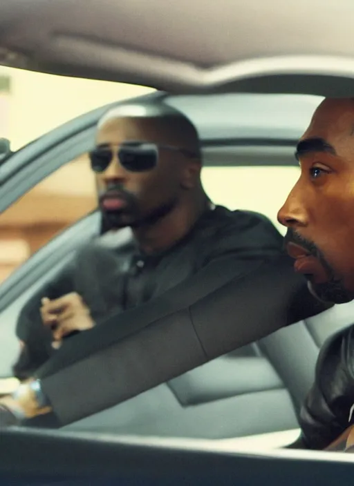 Prompt: film still of Tupac sitting inside a black bmw in las vegas with kim kardashian, 4k