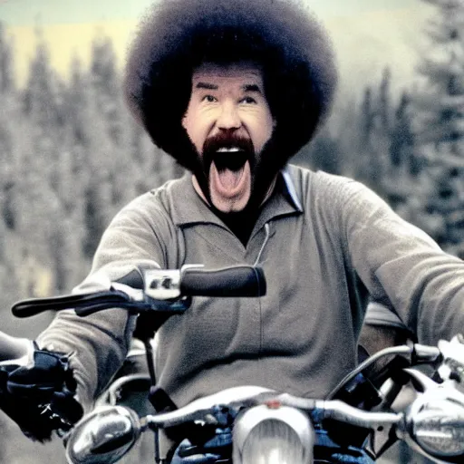 Image similar to bob ross screaming on back of a motorcycle