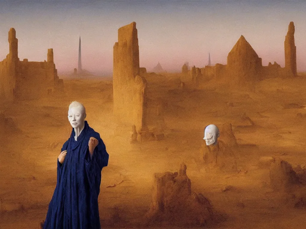 Image similar to Portrait of albino mystic with blue eyes, with ruins of a mosque in the distance in the desert. Sandstorm, sunset. Painting by Jan van Eyck, Caspar David Friedrich, Rene Magritte, Agnes Pelton, Max Ernst, Walton Ford