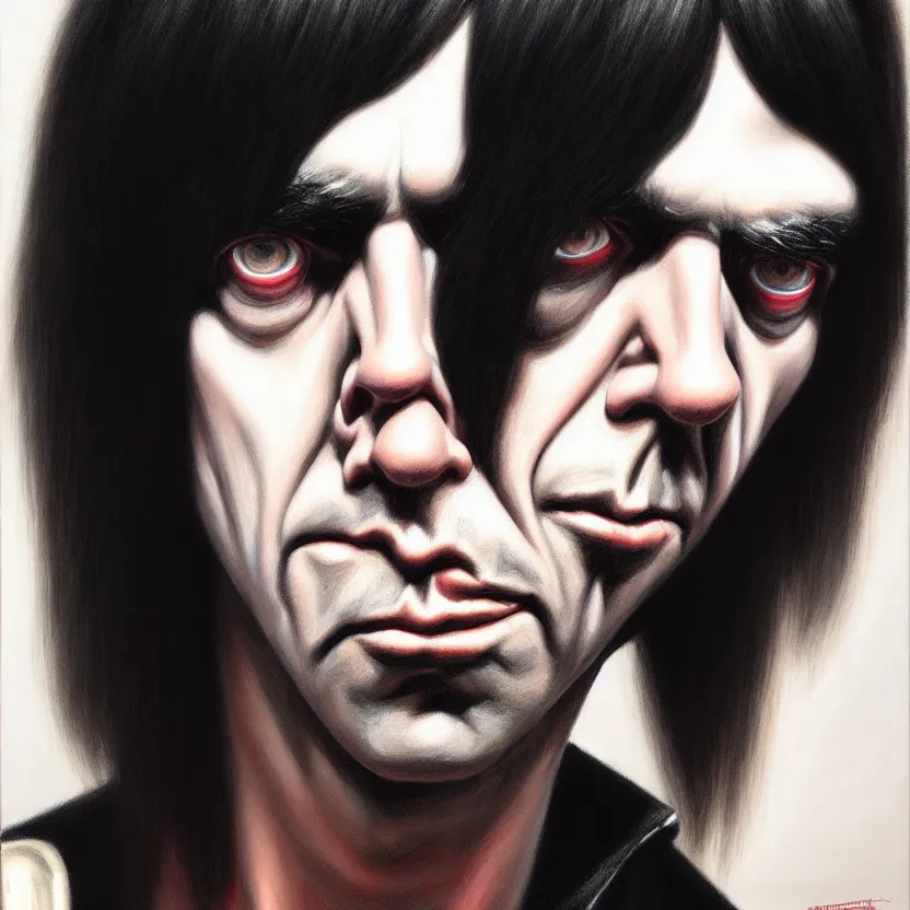 Image similar to portrait of Johnny Ramone, by Casey Baugh, Steve Caldwell, Gottfried Helnwein, and Artgerm, sharp focus, 8k resolution, masterpiece work, digital render.