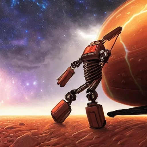 Image similar to UHD closeup of a Photorealistic Robot playing Drums during a wicked lightning storm on Mars, with a cool pose, by Antonio Caparo and Ferdinand Knab and Greg Rutkowski, UHD, photorealistic, trending on artstation, trending on deviantart