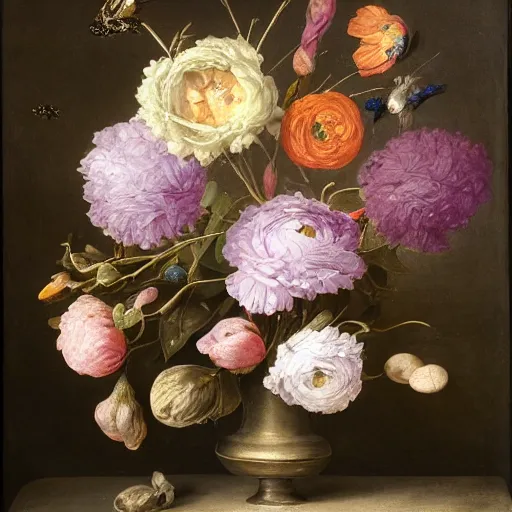 Image similar to still - life of bouquet of lilac and ranunculus with honeycomb bees and birds feathers, rachel ruysch, dark, moody