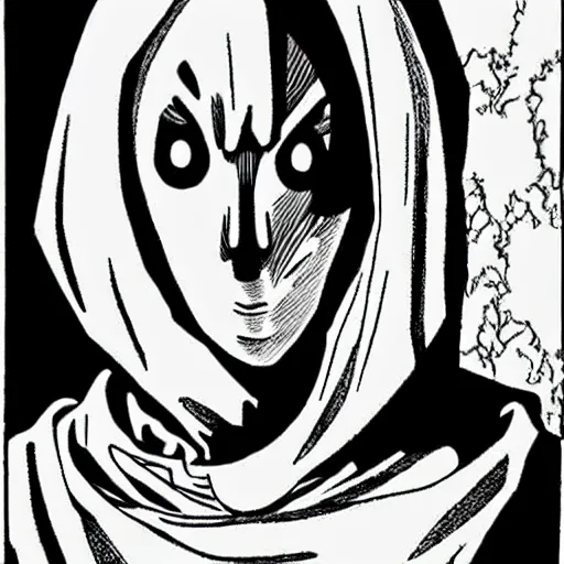 Image similar to hooded man, junji ito,