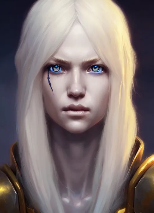 Image similar to a fantasy style portrait painting of shy white female paladin scarred left eye with blonde hair and blue eyes, holy oil painting unreal 5 daz. rpg portrait extremely detailed artgerm greg rutkowski _ greg