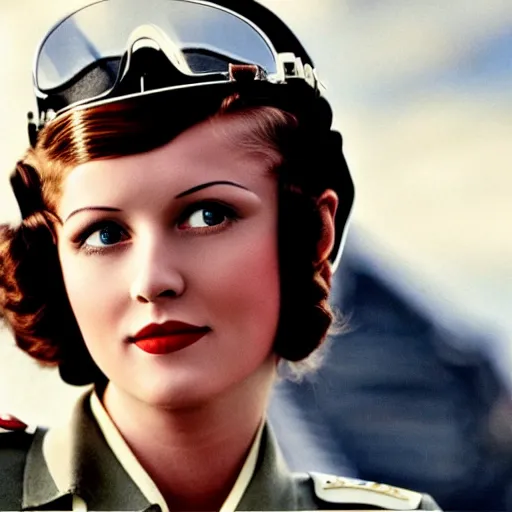 Image similar to scene from a 2 0 1 0 film set in 1 9 3 5 showing a woman pilot