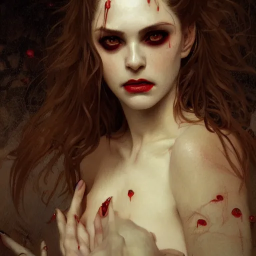Prompt: portrait of beautiful vampire, thorns, anguished expression, headshot, pale skin, 4k, rule of thirds, extreme detail, detailed drawing, trending artstation, hd, fantasy, D&D, realistic lighting, by Alphonse Mucha, Greg Rutkowski.