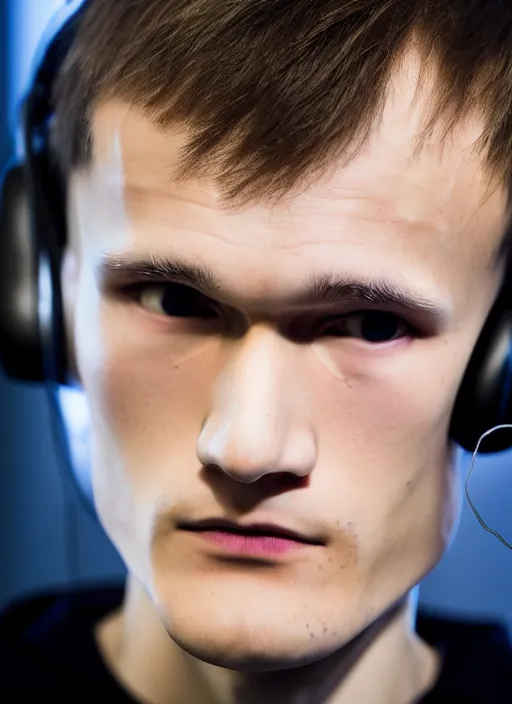 Prompt: perfect symmetric face, coherent eyes. vitalik buterin in headphones. vitalik buterin, close up, high detail, very sharp, 4 k, hayao miyazaki