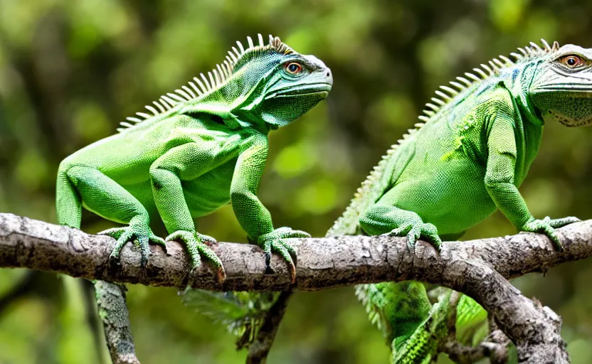 Prompt: A green iguana sitting on a branch