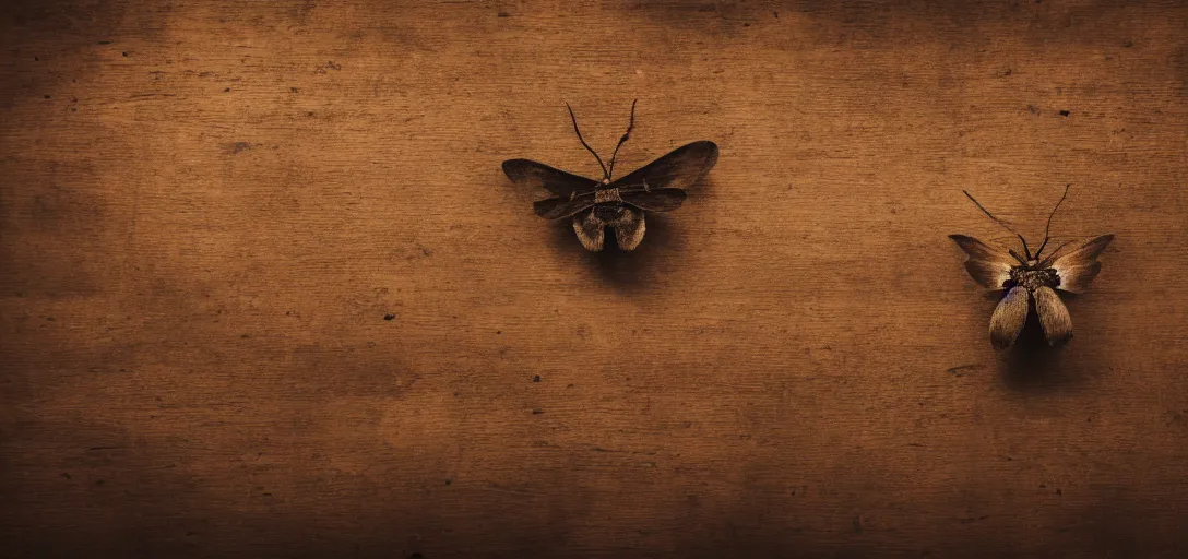 Image similar to moth on a old dark wooden table, matte painting, from above, vintage, dusty, dust, volumetric lighting, screwdrivers, 8k, 4k, artstation, award winning shot