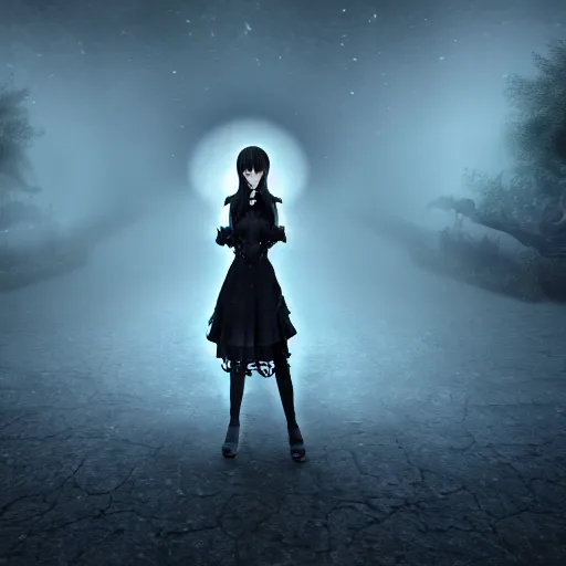 Image similar to full shot portrait of angry darkness anime girl at moonlight, gothic wearing, inspired by Tim Burton, detailed, unreal engine 4k volumetric light, fog,