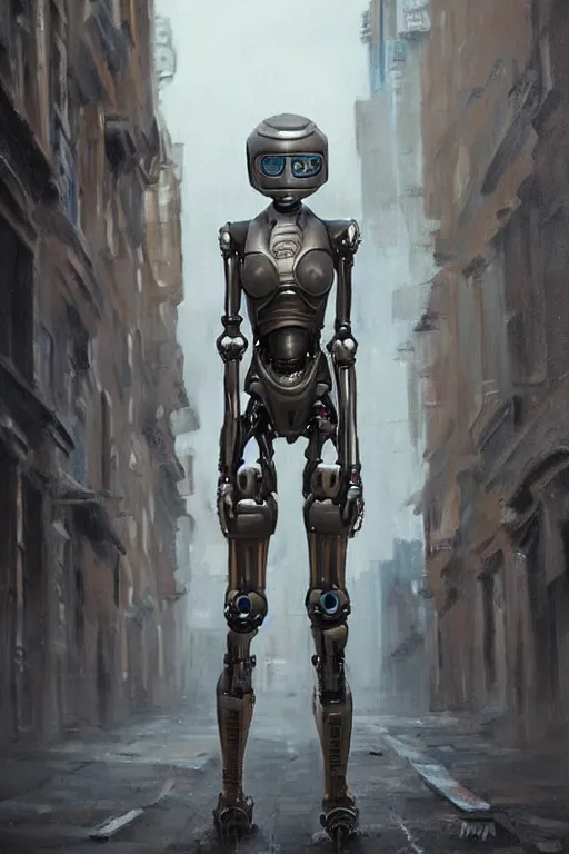 Image similar to female robot warrior walking in a deserted city on another planet, by pascal blanche, realistic painting, highly detailed