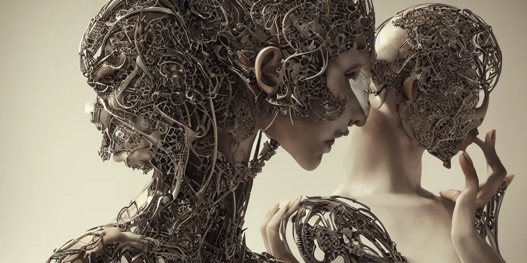 Image similar to realistic still life photography of a beautiful cyborg androgynous humanoid, holding close, affectionately, intricate filigree, in the style of beth cavener, jin kagetsu, wlop, highly detailed, symmetry, masterpiece, concept art, ringflash, highkey lighting, ambient lighting, octane render, 8 k, artstation