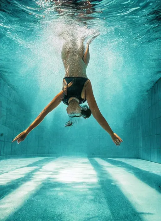 Image similar to underwater view of a beautiful elegant woman swimming in a pool, flames of fire coming up from the bottom of the pool