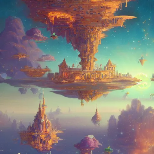 Prompt: a beautiful oil painting of a flying castle floating among stars, cameras, 4 k unreal engine renders, by victo ngai, jen yoon, geof darrow, peter mohrbacher, johfra bosschart, thomas kinkade, miho hirano, hd, pastel color scheme