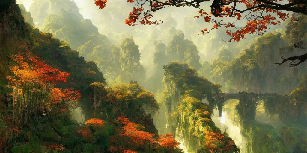 Prompt: beautiful landscape forests mountains rivers red and green leaves many layers waterfalls villages castles, buildings artstation illustration sharp focus sunlit vista painted by ruan jia raymond swanland lawrence alma tadema zdzislaw beksinski norman rockwell tom lovell alex malveda greg staples