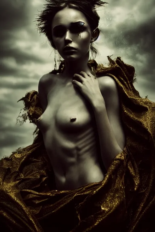 Prompt: photoshoot of chloe bailey as mysterious dark goddess of death, realism, clouds, swirling energy, torn fabric, elaborate ornate growth, gilded relief, volumetric lighting, light shafts, ambient light, trending on artstation, by alessio albi