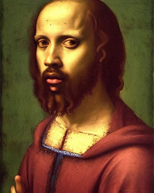 Prompt: renaissance painting of the rapper 3 earl sweatshirt!!!, biblical character portrait, oil on canvas by leonardo da vinci