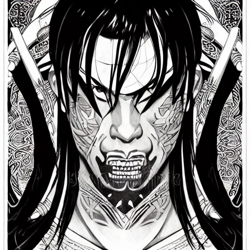 Prompt: silhouette of a heavily tattooed Kenshin the Samurai Warrior illustration, medium shot, intricate, elegant, highly detailed, digital art, ffffound, art by JC Leyendecker and sachin teng