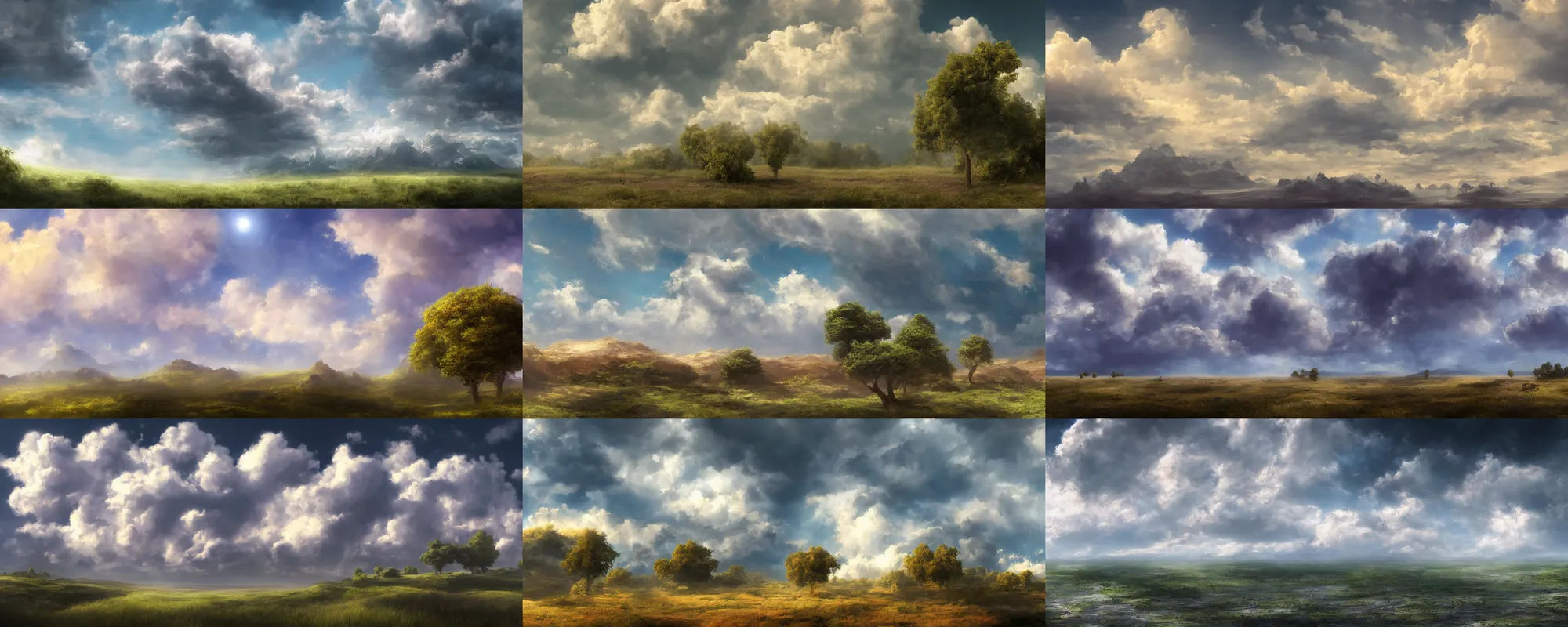 Image similar to peaceful puffy clouds, matte painting, concept art, 4k