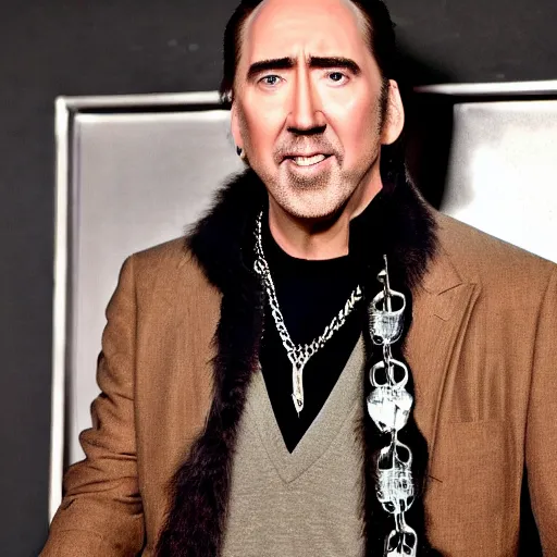 Prompt: nicholas cage wants to hurt me with two chains in his apartment because he thinks i shot his got but i didn't and i actually just had this dream