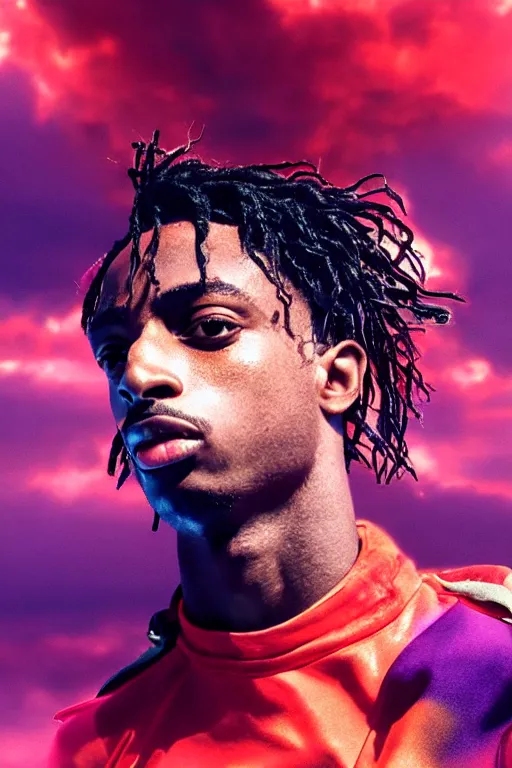 Prompt: Playboi Carti surrounded by red clouds, hyper realistic, octane render, stardust in atmosphere, purple liquid , realistic hair, award winning artwork, trending on artstation, high quality printing, fine art with subtle redshift rendering