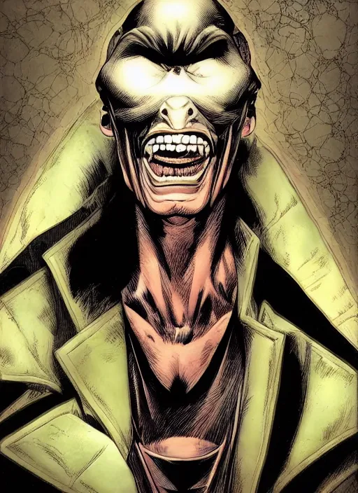 Prompt: aesthetic digital illustration of a handsome grinning young man by brian bolland, rachel birkett, alex ross, and neal adams | dark, sinister, intimidating, imposing, portrait, character concept, concept art, unreal engine, finalrender, centered, deviantart, artgerm