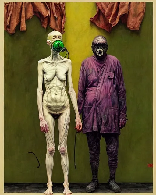 Prompt: two skinny old people with extra limbs, wearing gas masks and robes of gold, green and pink, cinematic, dystopian, eerie, horror, gothic, highly detailed painting by Jenny Saville, Esao Andrews, Francis Bacon, !!!Edward Hopper!!! surrealism, art by Takato Yamamoto and James Jean