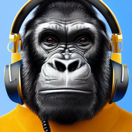 Image similar to a detailed portrait of a cyber punk ape wearing headphones, 8 k