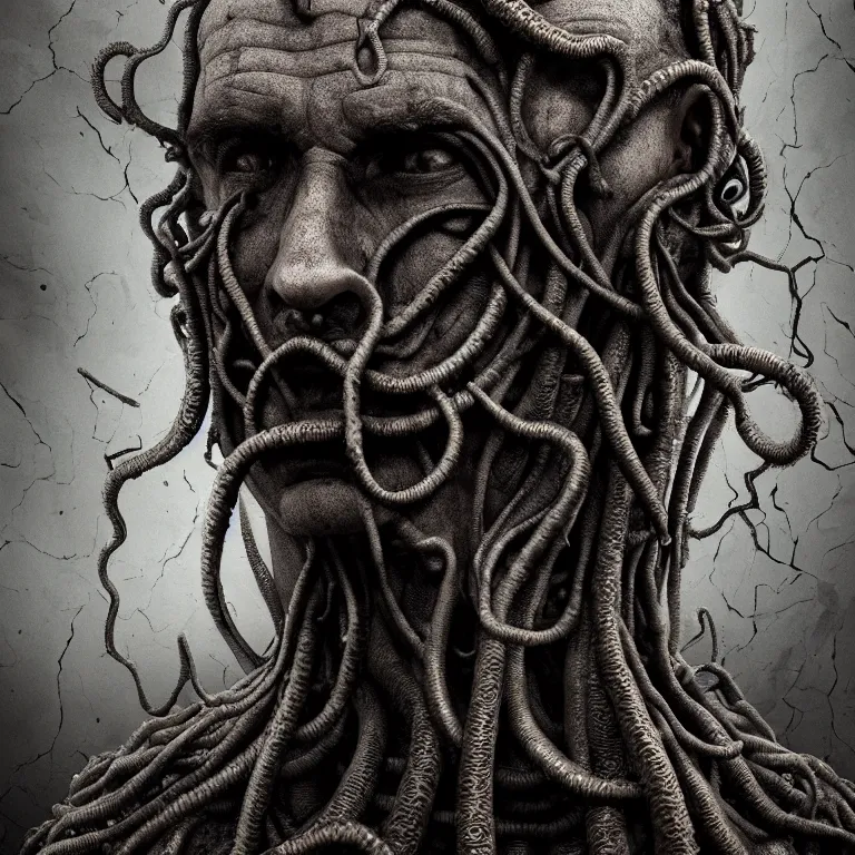 Prompt: ribbed abandoned man face portrait, covered with tentacles, spines, roots, baroque painting, standing in a desolate empty wasteland, creepy, nightmare, dream-like heavy atmosphere, surreal abandoned buildings, beautiful detailed intricate insanely detailed octane render trending on Artstation, 8K artistic photography, photorealistic, chiaroscuro, Raphael, Caravaggio, Beksinski, Giger