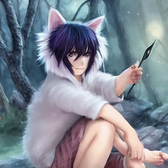 Image similar to emo boy with cat ears and tail sitting, full body, blushing, short smile, fluffy hair covering, fantasy painting, cinematic lightning, highly detailed, trending on Artstation, Unreal Engine 4k, watercolour, pastel!!!!!!!!!!!!!!!, very very very very very very very very beautiful.