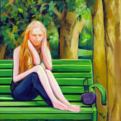 Prompt: a painting of a young woman with long blond hair sitting on a green bench with her head in her hands, steve henderson