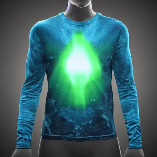 Image similar to ethereal long sleeve t shirt made of blue and green light, divine, cyberspace, mysterious, dark high-contrast concept art