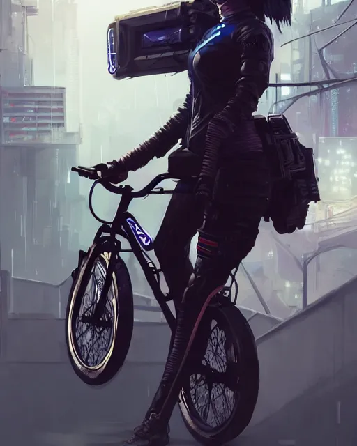 Image similar to girl wearing cyberpunk intricate streetwear riding bike, respirator, detailed portrait, cell shaded, 4 k, concept art, by wlop, ilya kuvshinov, artgerm, krenz cushart, greg rutkowski, pixiv. cinematic dramatic atmosphere, sharp focus, volumetric lighting, cinematic lighting, studio quality