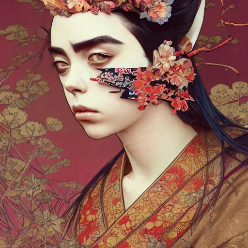 Prompt: a photorealistic dramatic fantasy render of a beautiful woman billie eilish wearing a beautiful intricately detailed japanese monkey kitsune mask and clasical japanese kimono by wlop, artgerm, greg rutkowski, alphonse mucha, beautiful dynamic dramatic dark moody lighting, shadows, cinematic atmosphere, artstation, concept design art, octane render, 8 k