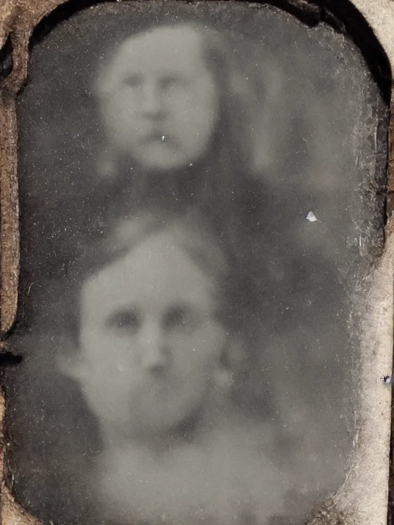 Image similar to found tintype photograph. a ghost's face in a tudor house window