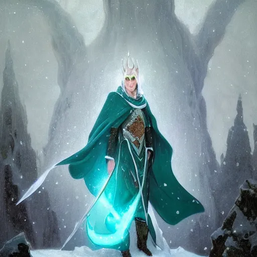 Prompt: handsome pointy - eared male snow elf in a turquoise cape and silver ornate armour, albino skin, androgynous face, mid - shot, moonlight snowing, ethereal opalescent mist, winter vibes, perfect face, elegant, very coherent symmetrical artwork, by greg rutkowski, alphonse mucha, charlie bowater, trending on artstation