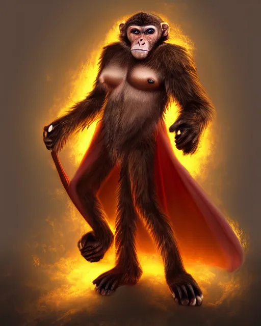 Image similar to fury art, an anthro monkey wearing a large cape and a fantasy armor, fire, fiery background, 3 d, 8 k, extremely detailed, trending on furaffinity, trending on artstation, award winning, sharp focus, illustration