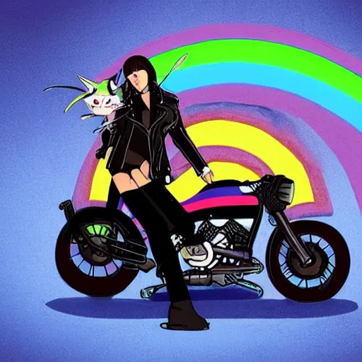 Image similar to wide angle full body, jacket wearing fluffy cute rainbow kitten wearing a black leather motorcycle jacket, cinematic concept art