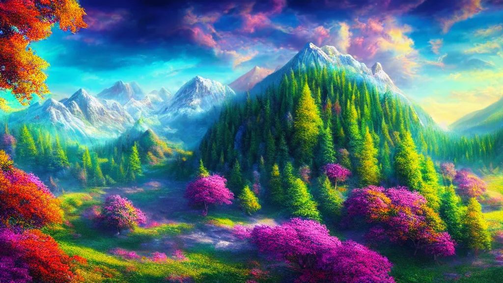 Prompt: a photorealistic portrait, stunningly beautiful colorful fantasy landscape, professionally retouched, soft lighting, hyper realistic, big mountains, trees, trees in foreground, beautifully colorful detailed sky, wide angle, sharp focus, 8 k high definition, 6 4 megapixels, insanely detailed, stunningly beautiful