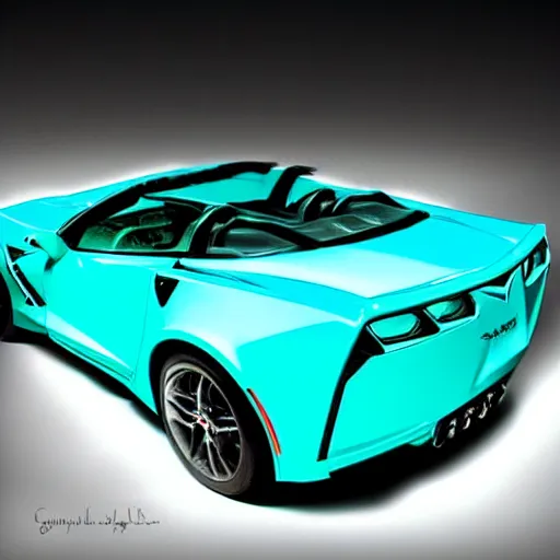 Image similar to a small dark luminous turquoise color liquid water sculpture is hybrid of a corvette convertible, a corvette made out of luminous turquoise color liquid water, viscous, reflective, monochromatic, digital art