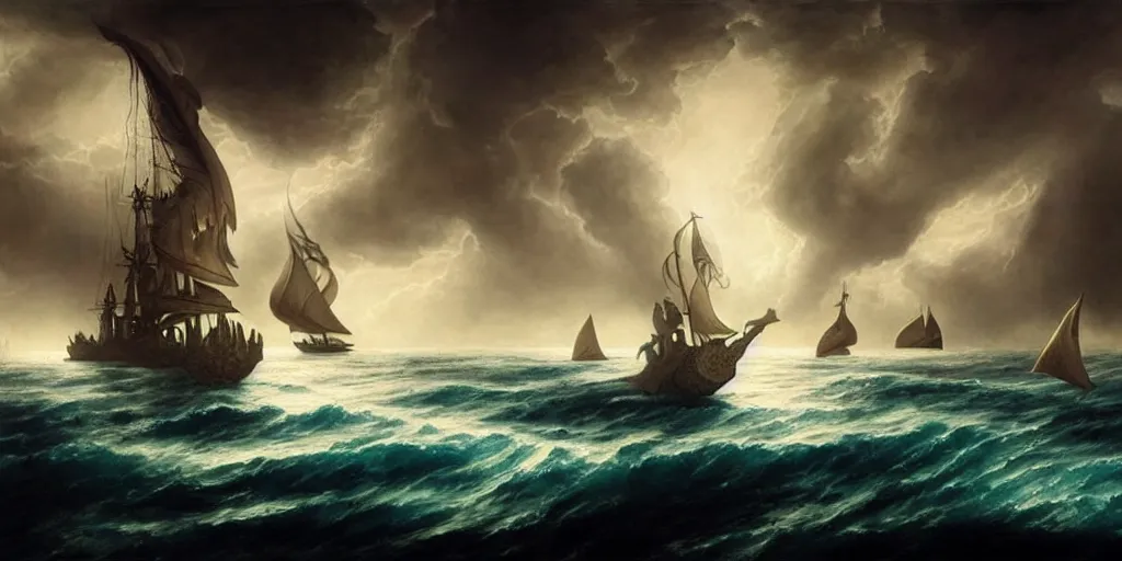 Image similar to Odysseus's ship sailing past a sea serpent, by Rolf Armstrong and Evelyn De Morgan and Bastien Lecouffe-Deharme, dramatic lighting, high contrast colors, baroque, empyrean, panoramic view, as trending on Artstation, highly detailed, doom engine,